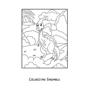 Image à colorier d’un petit dinosaure herbivore en dessin animé dans son habitat