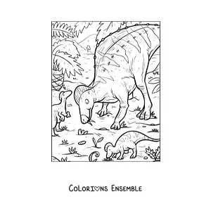 Image à colorier d’un dinosaure herbivore avec ses bébés