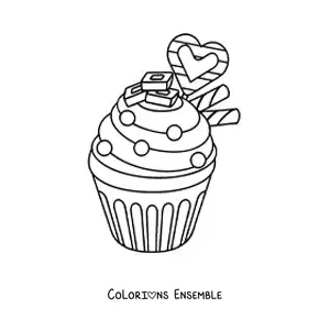 Image à colorier d'un cupcake avec un cœur et deux gaufrettes