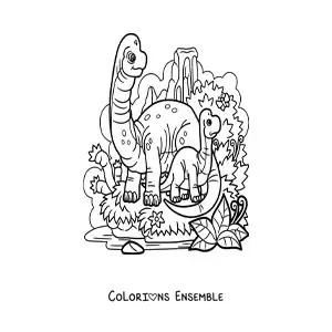 Image à colorier d’un bébé dinosaure au long cou avec sa maman