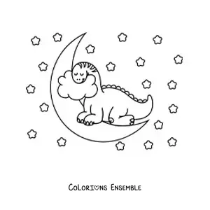 Image à colorier d’un bébé dinosaure au long cou kawaii qui dort