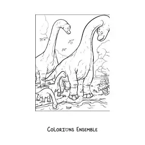 Image à colorier de dinosaures au long cou avec leurs bébés dans leur habitat