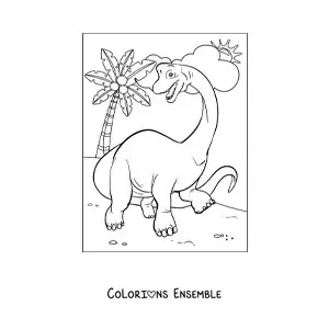Image à colorier d’un dinosaure herbivore au long cou en dessin animé qui marche