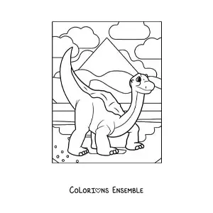 Image à colorier d’un mignon dinosaure au long cou dans son habitat