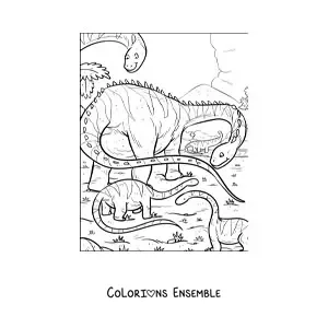 Image à colorier d’un dinosaure Diplodocus au long cou et à la longue queue avec ses bébés