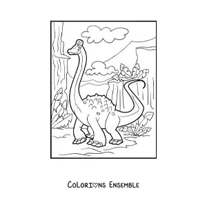 Image à colorier d’un dinosaure au long cou dans son habitat