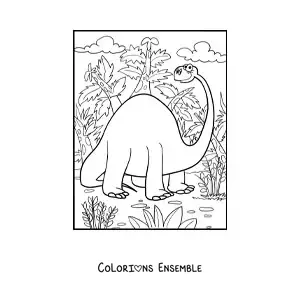 Image à colorier d’un dinosaure au long cou géant dans son habitat