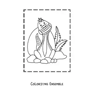 Image à colorier d’un dinosaure au long cou en dessin animé, assis avec un masque