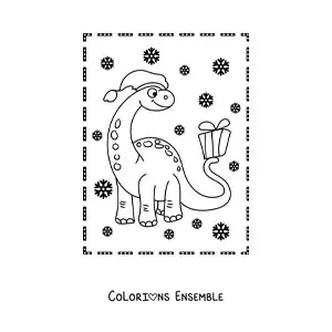 Image à colorier d’un dinosaure au long cou en dessin animé avec un cadeau de Noël