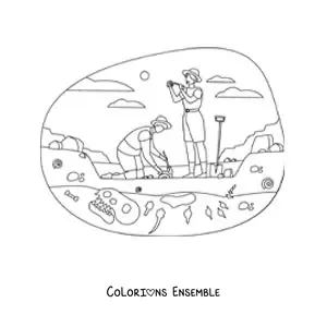 Image à colorier de paléontologues qui fouillent des fossiles de dinosaures
