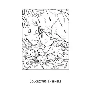 Image à colorier d’une maman dinosaure avec ses bébés nouveau-nés