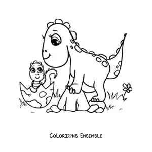 Image à colorier d’une maman avec un bébé dinosaure kawaii qui sort de l’œuf