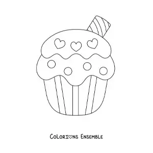 Image à colorier d'un cupcake avec des cœurs dans le glaçage et une gaufrette