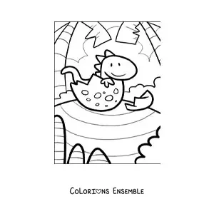 Image à colorier d’un dinosaure en dessin animé qui sort de l’œuf