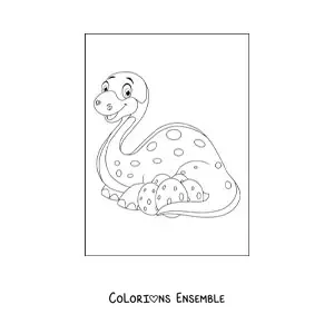 Image à colorier d’une maman dinosaure avec ses œufs