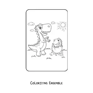 Image à colorier d’un tyrannosaure en dessin animé avec son bébé qui sort de l’œuf
