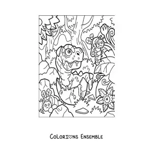 Image à colorier d’un dinosaure carnivore qui sort de son œuf