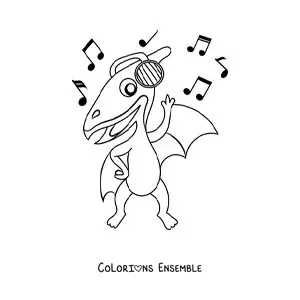 Image à colorier d’un dinosaure volant rigolo qui danse