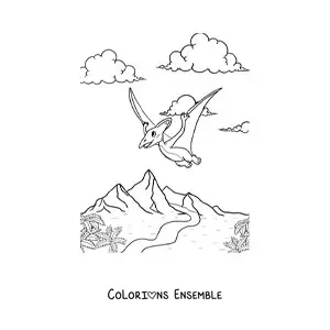 Image à colorier d’un dinosaure volant rigolo en plein vol