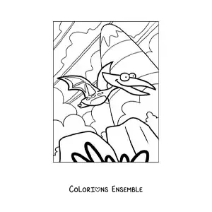 Image à colorier façon dessin animé d’un dinosaure volant