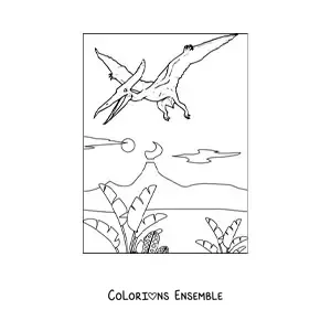 Image à colorier d’un dinosaure volant qui vole dans son habitat