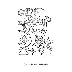 Image à colorier d’un dinosaure volant avec un dinosaure terrestre