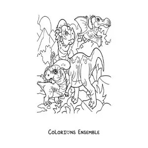 Image à colorier d’un dinosaure volant et de dinosaures terrestres