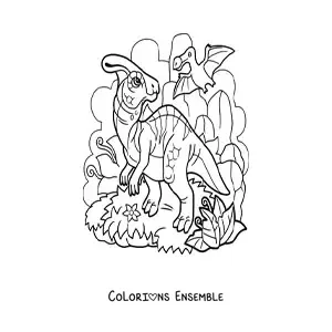Image à colorier d’un dinosaure volant carnivore et d’un dinosaure terrestre herbivore