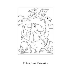 Image à colorier de dinosaures terrestres et d’un ptérodactyle en plein vol