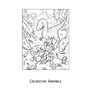 Image à colorier d’un bébé vélociraptor avec sa maman