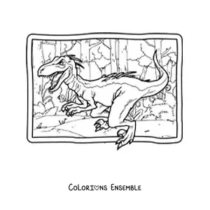 Image à colorier d’un vélociraptor réaliste dans son habitat