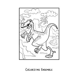 Image à colorier d’un vélociraptor rigolo dans son habitat