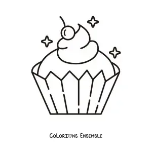 Image à colorier d'un cupcake avec une cerise sur le glaçage et des brillances