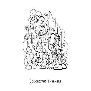 Image à colorier d’un tyrannosaure rex carnivore dans son habitat