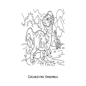 Image à colorier d’un dinosaure carnivore bipède dans son habitat