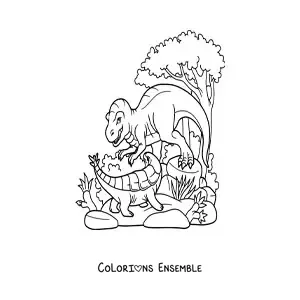 Image à colorier d’un dinosaure carnivore face à un herbivore