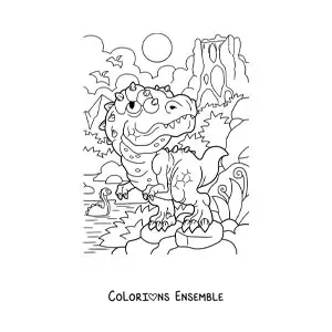 Image à colorier d’un bébé dinosaure carnivore dans son habitat