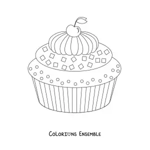 Image à colorier d'un cupcake avec du glaçage et une cerise dessus