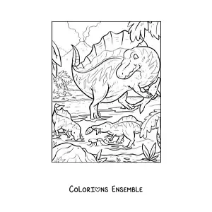 Image à colorier d’un spinosaure carnivore dans son habitat avec ses bébés
