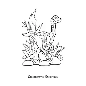 Image à colorier d’un compsognathus carnivore dans son habitat