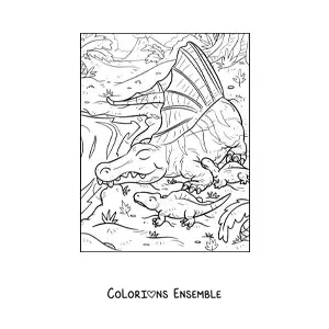 Image à colorier d’un arizonasaurus carnivore dans son habitat avec ses bébés