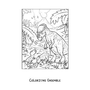 Image à colorier d’un pachycéphalosaure omnivore avec ses bébés