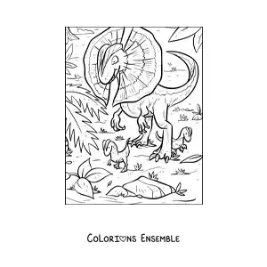Image à colorier d’un dilophosaure carnivore dans son habitat avec ses bébés