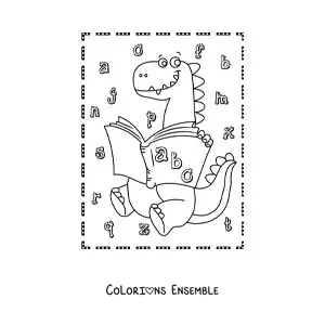 Image à colorier d’un dinosaure carnivore rigolo en train de lire un livre