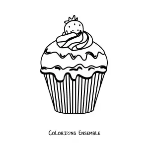 Image à colorier d'un cupcake avec du glaçage et une fraise dessus