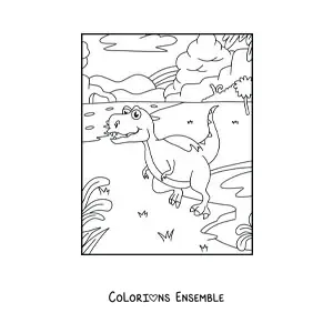 Image à colorier d’un dinosaure carnivore rigolo devant un volcan
