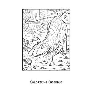 Image à colorier d’un dinosaure carnivore qui chasse avec ses petits