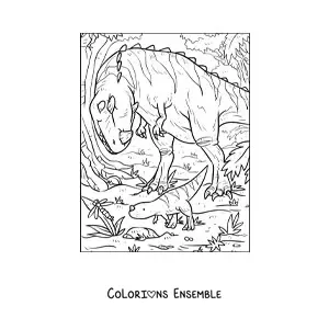 Image à colorier d’un dinosaure carnivore à corne qui chasse avec ses petits