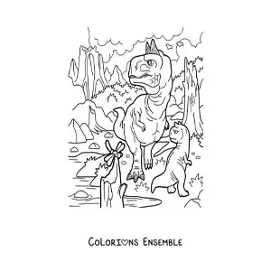 Image à colorier d’un grand dinosaure carnivore dangereux qui chasse avec son bébé