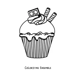 Image à colorier d'un cupcake au chocolat avec deux gaufrettes